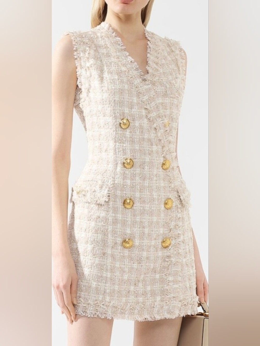 Bslmain  Tweed Double-Breasted Sheath Dress in Ivory with Gold Buttons